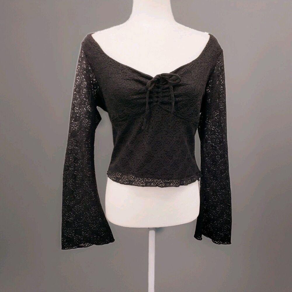 Vtg 90s Y2k Whimsygoth Lace Top Size L Black Flared Sleeves Cinched Front Witchy